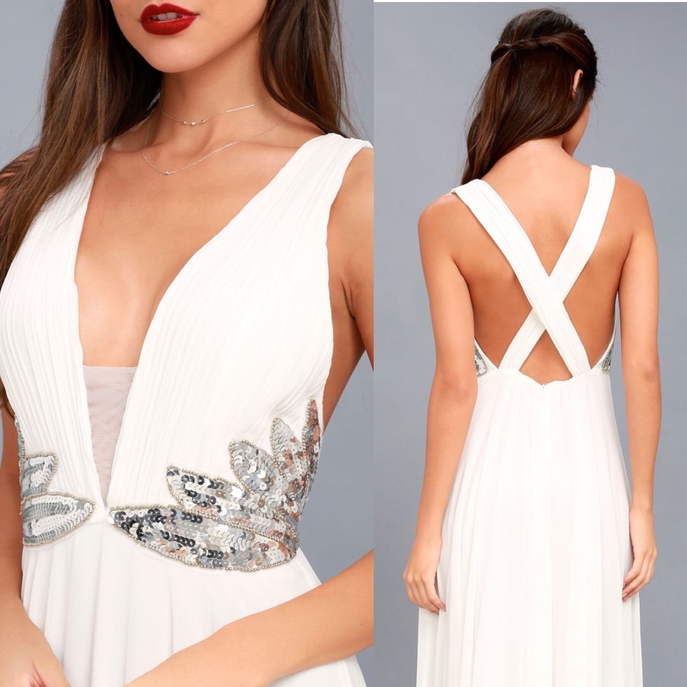 Lulus white and silver sequin maxi dress